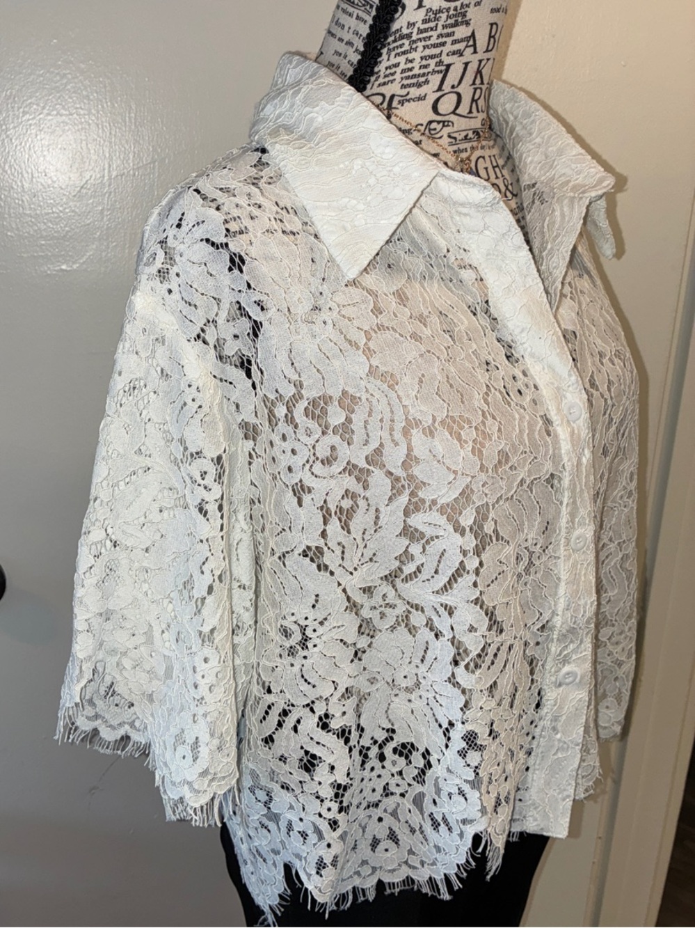 White Lace Button-Down Shirt - Women's Short Sleeve Boutique Brand:Sweet Generis - Picture 8 of 16